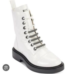 DKNY Ivory Patent Leather Lace-Up Combat Boots with Black Accents